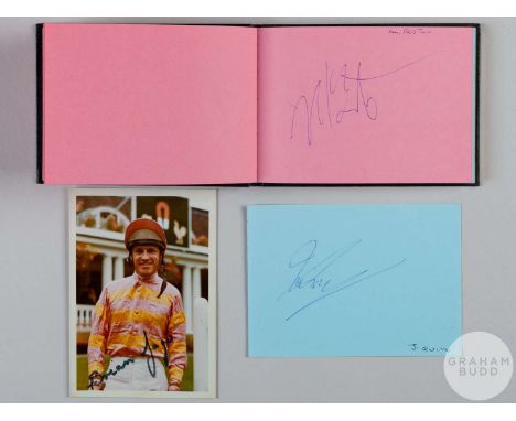 Horse racing autograph book, ink & marker signatures, some over pasted photos, all collected on right-hand pages so no back-t