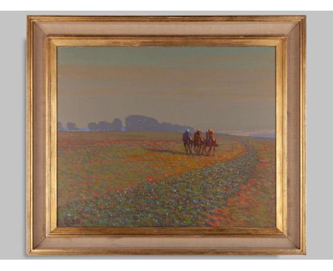 Oil painting by Peter Howell (British, born 1932) Early Morning on the Gallops,signed, oil on canvas, 50 by 62cm., gilt frame