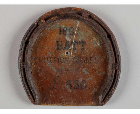 Racing plate worn by Batt when winning the 1897 Criterion Stakes at Newmarket,mounted with painted back plate in yellow & bla