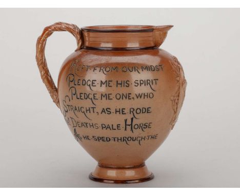 Doulton Lambeth jug commemorating the jockey Fred Archer circa 1886,with a portrait of the jockey and inscribed REFT FROM OUR