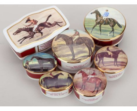 A group of seven horse racing-themed china boxes and covers,five by Caverswall Fine Bone China, decoration subjects comprisin