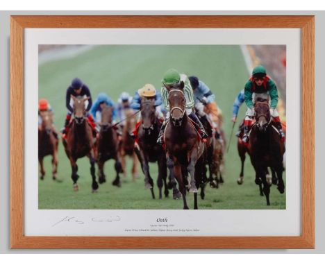 Sir Henry Cecil signed photographic print of Oath winning the 1999 Derby,signed in pencil to lower margin, 15 by 22in. colour