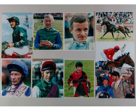 Three signed photographs each of the champion flat race jockeys Letser Piggott, Pat Eddery and Frankie Dettori.mostly 10 by 8