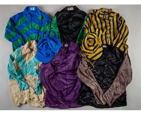 A group of seven racing silks ex-Fulke Johnson Houghton's yard,mostly with a hand written owner identification to the neck la