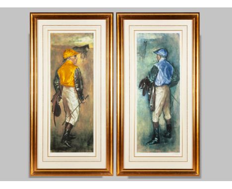 A pair of Jay Kirkman (American, b.1958) silkscreen prints - studies of jockeys,both signed artist's proofs, one jockey weari