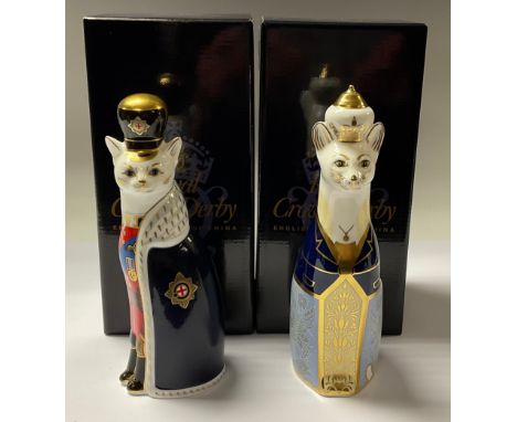 A pair of Royal Crown Derby paperweights, Royal Cat William and Royal Cat Catherine, to celebrate the birth of the first chil