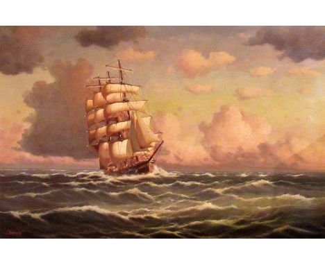 A large gilt framed oil on canvas, seascape with tree mast sailing vessel to the fore, signed J Thomson, 90 x 60cm.