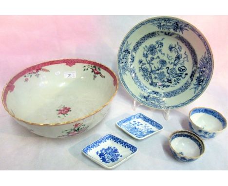 An 18th century blue and white Nanking plate, together with two Spode pickle dishes, a pair of Oriental tea bowls and a large