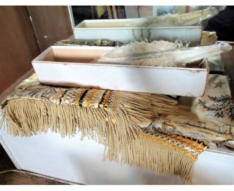 A mother of pearl fan in original box, together with a silk bed cover. Condition Report: Overall condition on both items are 