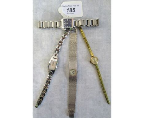 Two lady's Tissot quartz wristwatches, both with metal bracelet strap, together with two Rotary lady's circular dial wristwat