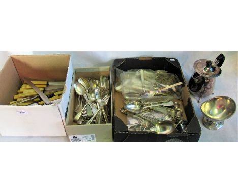A quantity of mother of pearl handled fish knives and forks, together with a large quantity of flatware, a plated hot water j