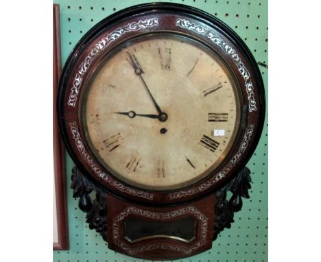 A 19th century rosewood and mother of pearl inlaid circular dial wall clock.