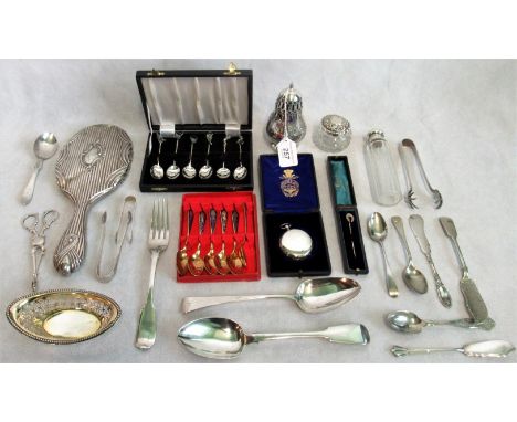 A boxed set of coffee silver spoons with mosaic finial decoration, a silver bon bon dish, silver spoons and fork, two silver 