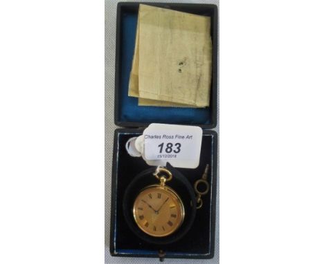 A lady's 18ct open faced key wind pocket watch, having Roman numerals on chapter ring with engine turned decoration to centre