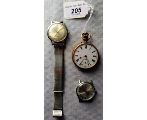 A gents 14ct cased open faced pocket watch, the white face with Roman numerals and lower seconds dial, together with a Rotary
