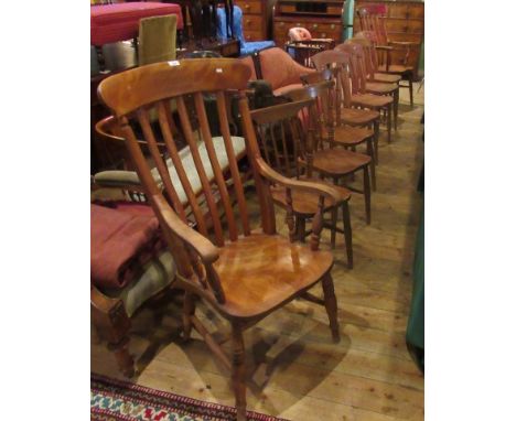 Two 19th century elm and oak Windsor chairs, together with four slat back kitchen chairs and a further three stick back kitch