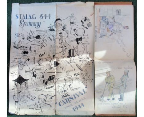 A sketch book of drawings produces by prisoners during WWII, together with a hand drawn poster for a carnival held by POW's i