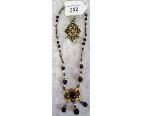 A turquoise, seed pearl and gem set mourning pendant locket of intricate design, with engraved decoration to the reverse, tog
