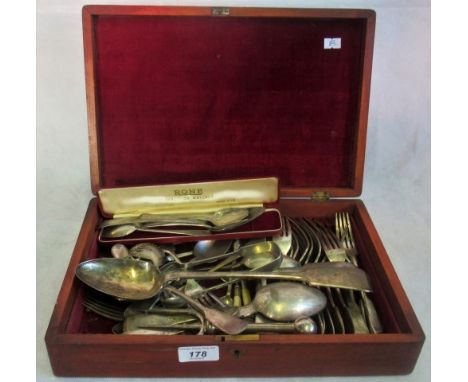 Five silver spoons, together with a quantity of silver plated flatware in a mahogany canteen box.