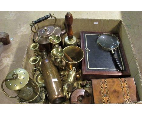 A quantity of miscellaneous brass and metalware, to include: miners lamp, copper water bottle,  copper kettle, hand bell, can