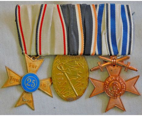 Imperial German WWI mounted group of three, Bavarian Medal of Merit 3rd class with crossed swords, The Kyffhäuser Medal and a