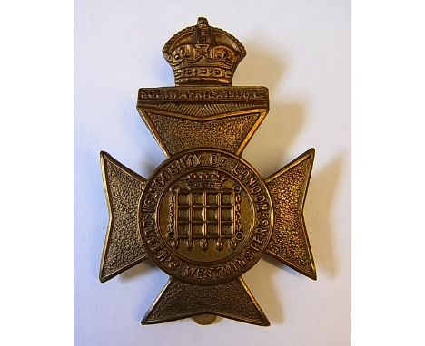 16th County of London Battalion (Queen's Westminster Rifles) WWI Cap badge, KC (Brass, slider) K&K: 1845