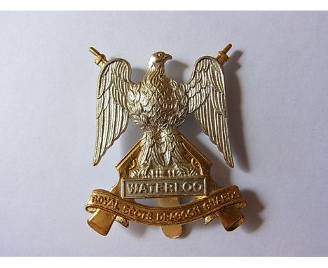 Royal Scots Dragoon Guards cap badge (Staybright, slider) maker marked 'London Badge & Button Co, Ltd' a clean example. 