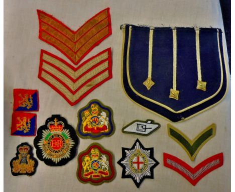 British Rank chevrons and trade/ Blazer patches (13) including Coldstream Guards, Army Service Corps, Bandsman etc. Good lot.