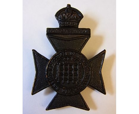 16th County of London Battalion (Queen's Westminster Rifles) WWI OR's Cap badge, KC (Blackened brass, slider) K&K: 1845