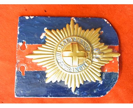 WWII British Coldstream Guards staff car emblem, it is made from a valise badge mounted onto a blue and red painted piece of 