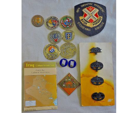 American Gulf War challenge coins (10) and American Vietnam War era Combat Medical Badges including: 29th Signal Battalion, A