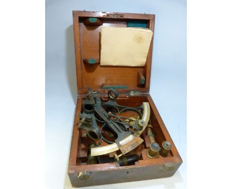 Henry Hughes &amp; Son Reflecting sextant in original mahogany fitted case. Plaque to handle of sextant is mounted in bone ma