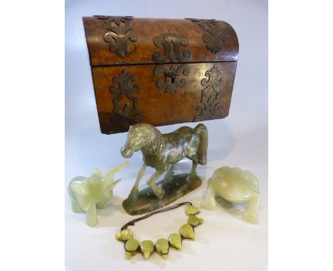 Small rosewood box containing small amount of Jade to include a Frog, Tang type horse, elephant and a bracelet.