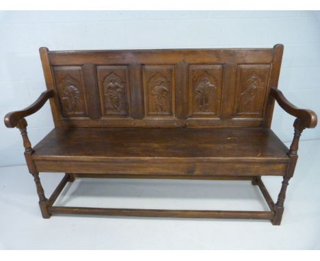 Antique plank bench with with five panels depicting 'Duke of Buckingham', 'William Shakespeare', 'Oliver Cromwell', Charles I