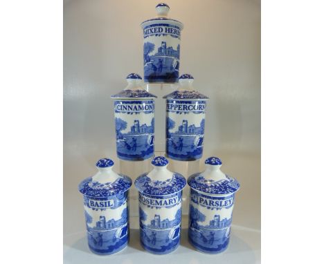 Spode Italian blue and white Spice pots - to include Pepper, Parsley, Cinnamon, Basil, Rosemary and Mixed Herbs.