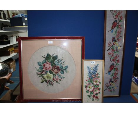 Three various Tapestry Pictures, two having floral pattern, one being 15 1/2'' x 7 1/2'' and the other with velvet edged fram