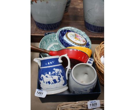 A quantity of china including Coalport lidded trinket Dish, small Perfume flask, blue and white Jug depicting hunting scene, 