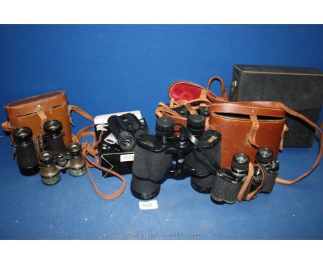Six sets of Binoculars including: Zenith Tempest 10x50 with case, British made Laranden 8x25 with case. Kinux 8x25 with case.
