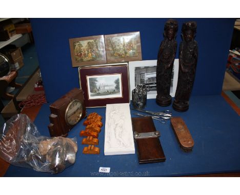 A quantity of miscellanea including old mincer, tie press, scissors, clock, table mats, etc.