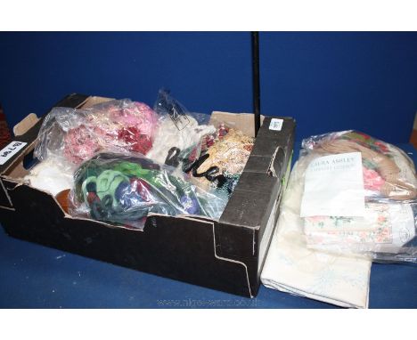 A quantity of Linen including large white Tablecloth, tapestry wool, transfer printed tablecloth for embroidery, riding crop,