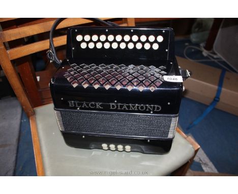 A black 'Black Diamond' D/G Diatonic Melodeon (Accordion) with 8 base buttons and 21 treble buttons, with soft black carrying