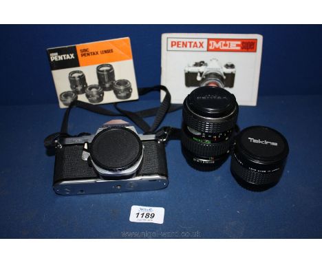 A Pentax ME super 35mm SLR Camera with Pentax m Zoom 40-80 mm lens and Tokina 2x converter, with instruction manuals and lany