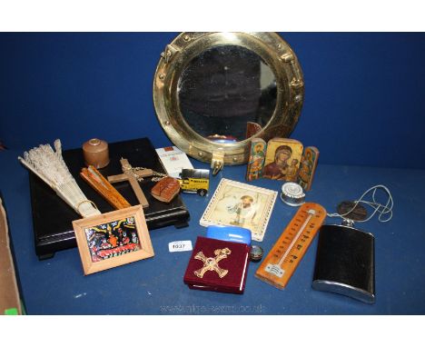 A brass framed Mirror in the form of a porthole, hip flask, ink bottle, cigarette Packet Lighter, vintage Lego toy, Thermomet