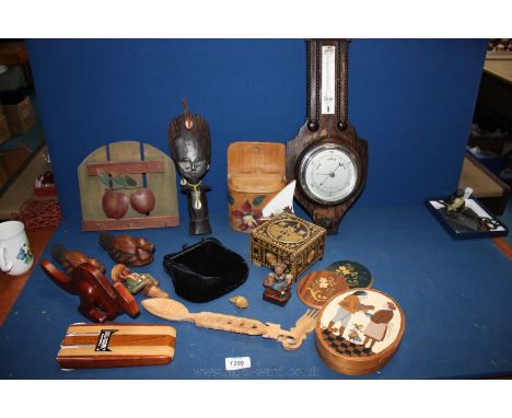 A quantity of Treen including carved Love Spoon, bottle Stopper in the form of a gentleman with wine glass in hand, set of Un