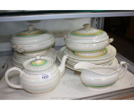 An English Bridgwood part Dinner service, with banded design, comprising three large serving plates, six dinner, six dessert 