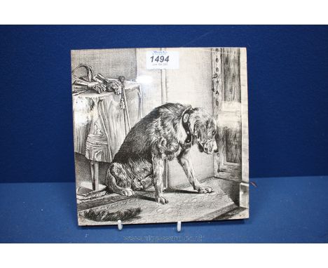 A Stoke-on-Trent pottery Tile depicting a dog waiting at a door, 20 cm. square