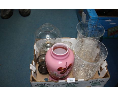 Two crackle glass Vases, painted pink Vase, Candleholders, Lamp, etc.