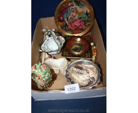 A quantity of miscellanea including white metal shell Dish, Epns three footed Bowl, coffee Spoons, two tablespoons, framed Ta