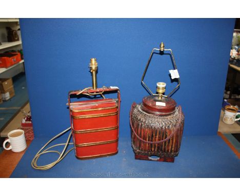 A 19th century Burmese lacquered food box converted to a lamp and a Burmese lacquered woven basket also mounted as a lamp.