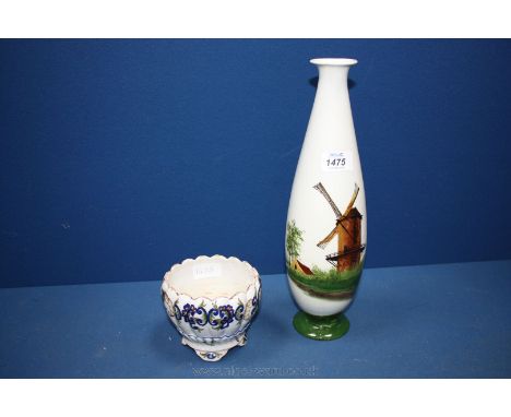 A large bottle shaped ceramic Vase with a painted country scene, mark to base entwined CH, pattern no. 3003, 13 1/2'' plus a 